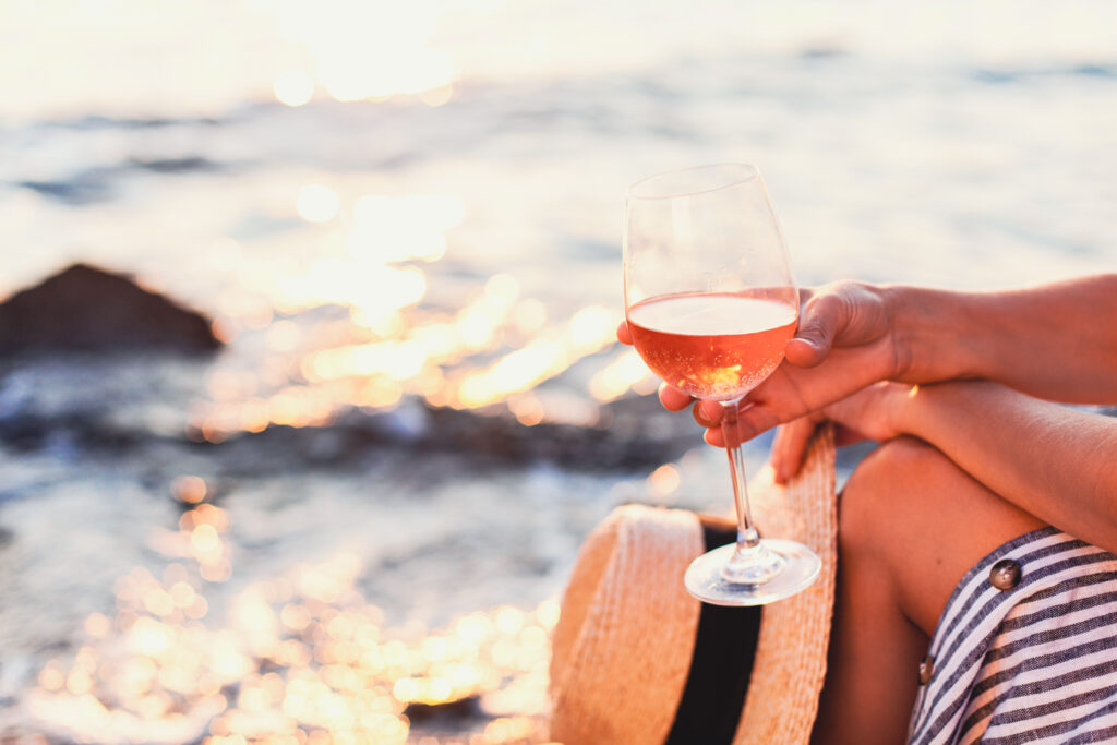 rose wine on a beach
