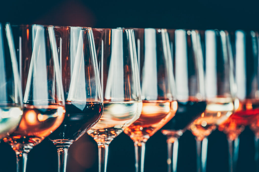 row of wines for tasting