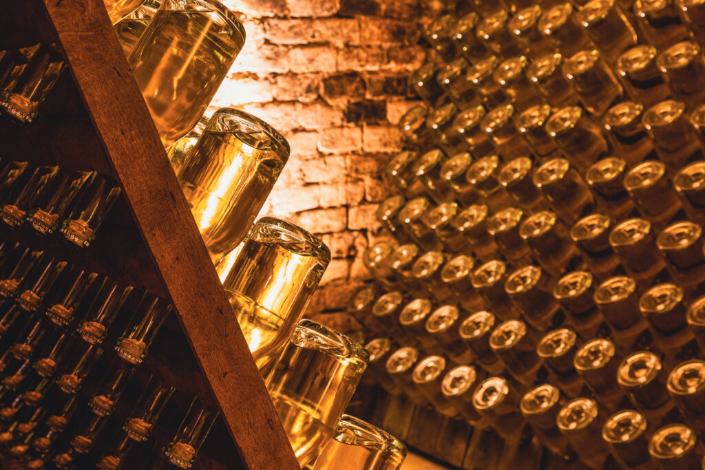 Méthode traditionnelle bottles in cellar